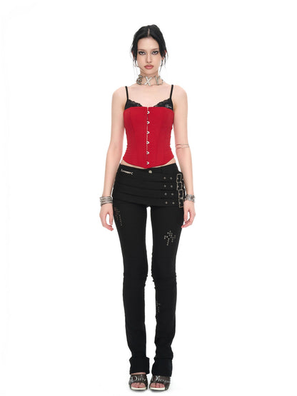 JYOSEI Red Black Patchwork Lace Up Boned Hooked V-neck Women&