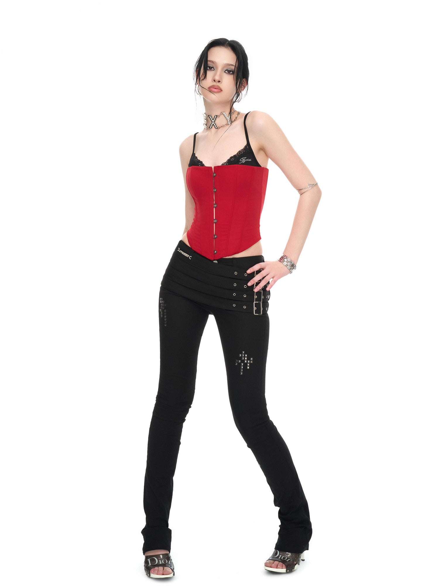 JYOSEI Red Black Patchwork Lace Up Boned Hooked V-neck Women&