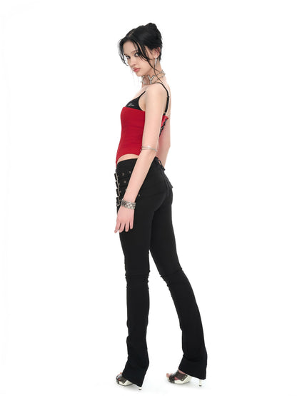 JYOSEI Red Black Patchwork Lace Up Boned Hooked V-neck Women&