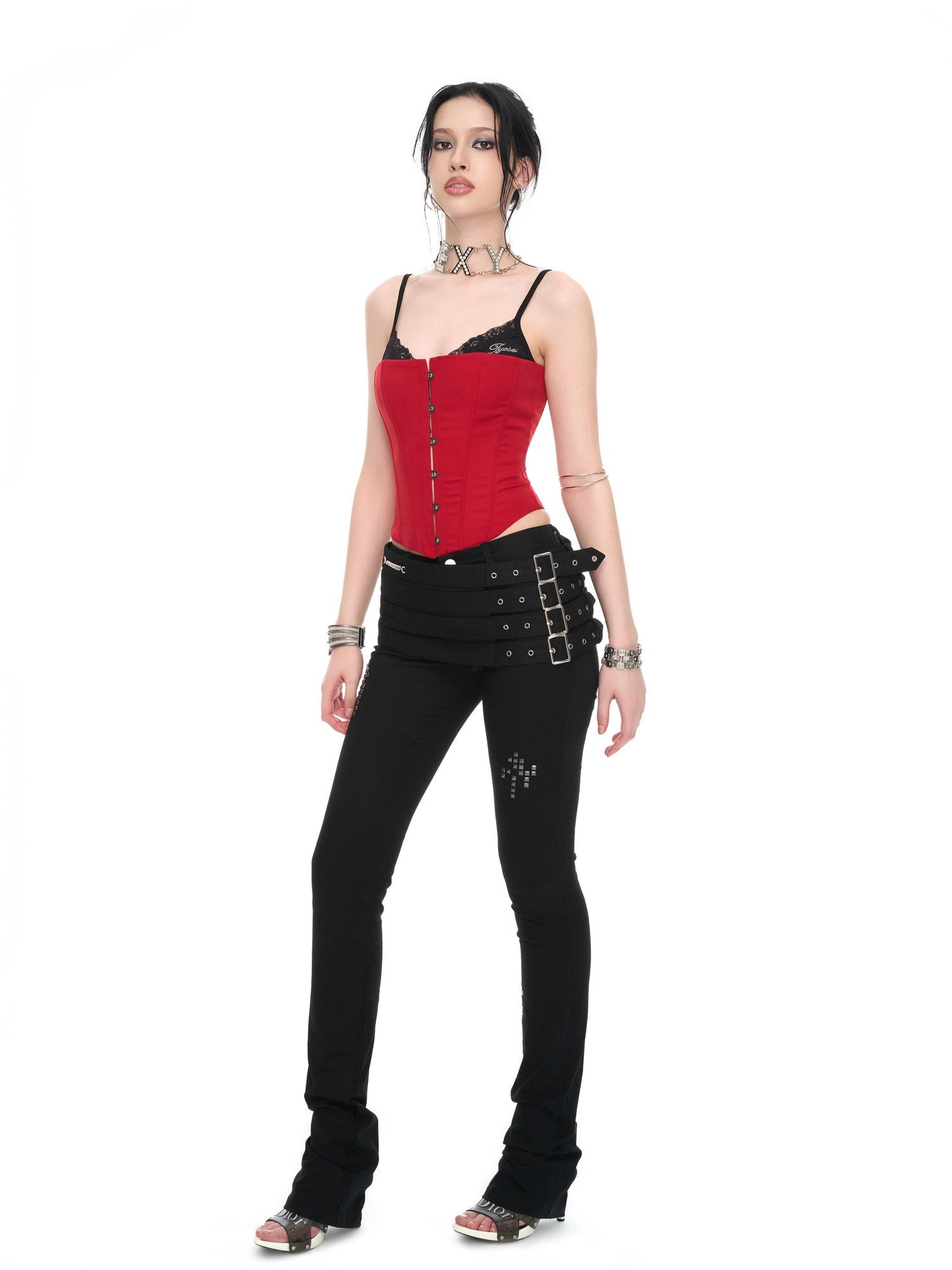 JYOSEI Red Black Patchwork Lace Up Boned Hooked V-neck Women&