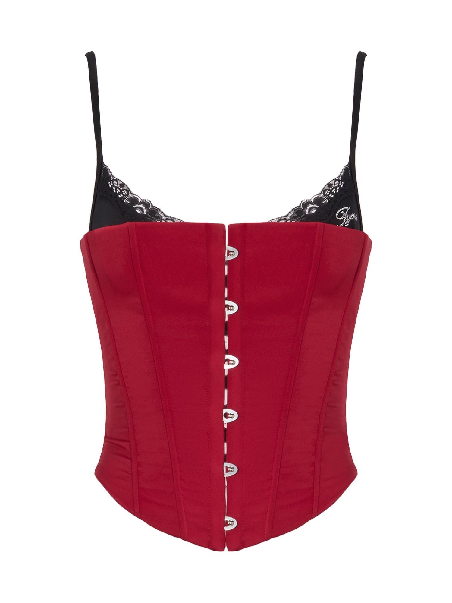 JYOSEI Red Black Patchwork Lace Up Boned Hooked V-neck Women&