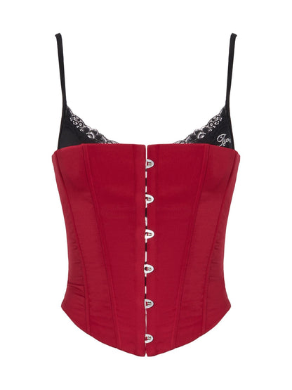 JYOSEI Red Black Patchwork Lace Up Boned Hooked V-neck Women&