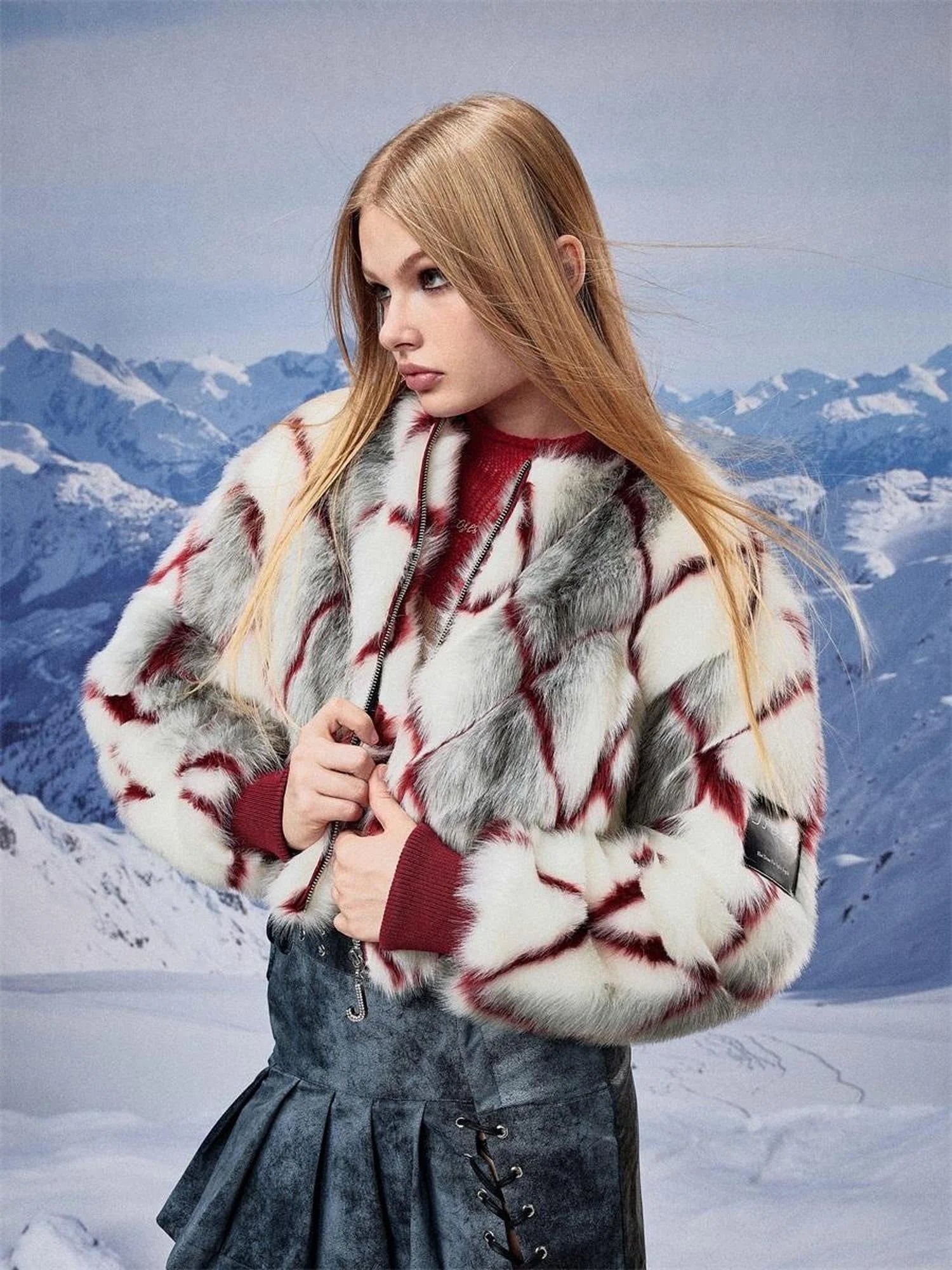 Red Plaid Faux Mink Zip Up Cropped Jacket