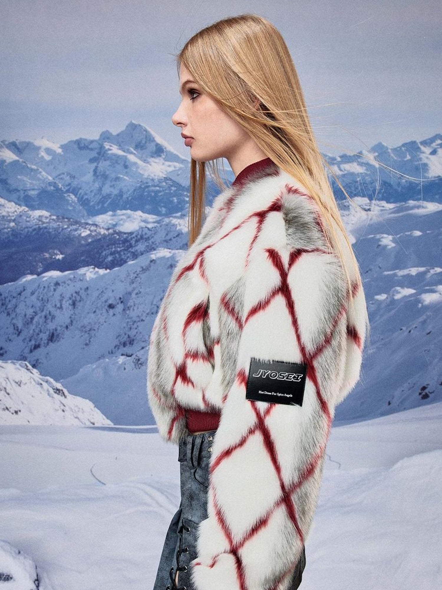 JYOSEI Red Plaid Faux Mink Zip Up Cropped Jacket