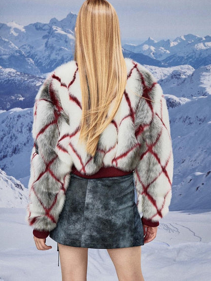 JYOSEI Red Plaid Faux Mink Zip Up Cropped Jacket