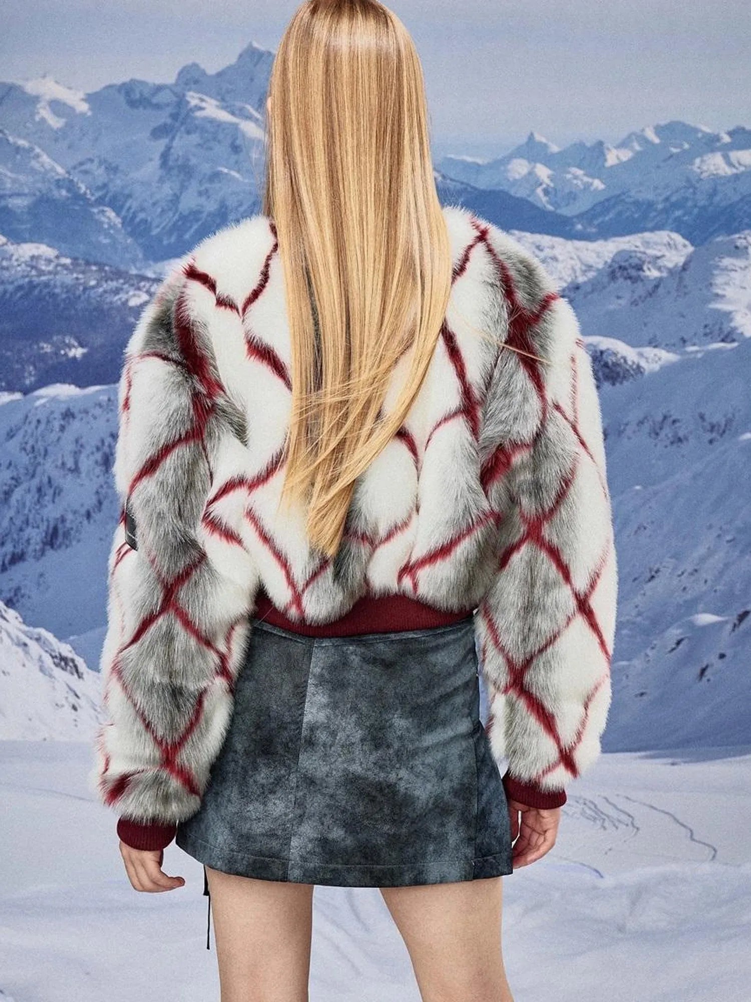 Red Plaid Faux Mink Zip Up Cropped Jacket