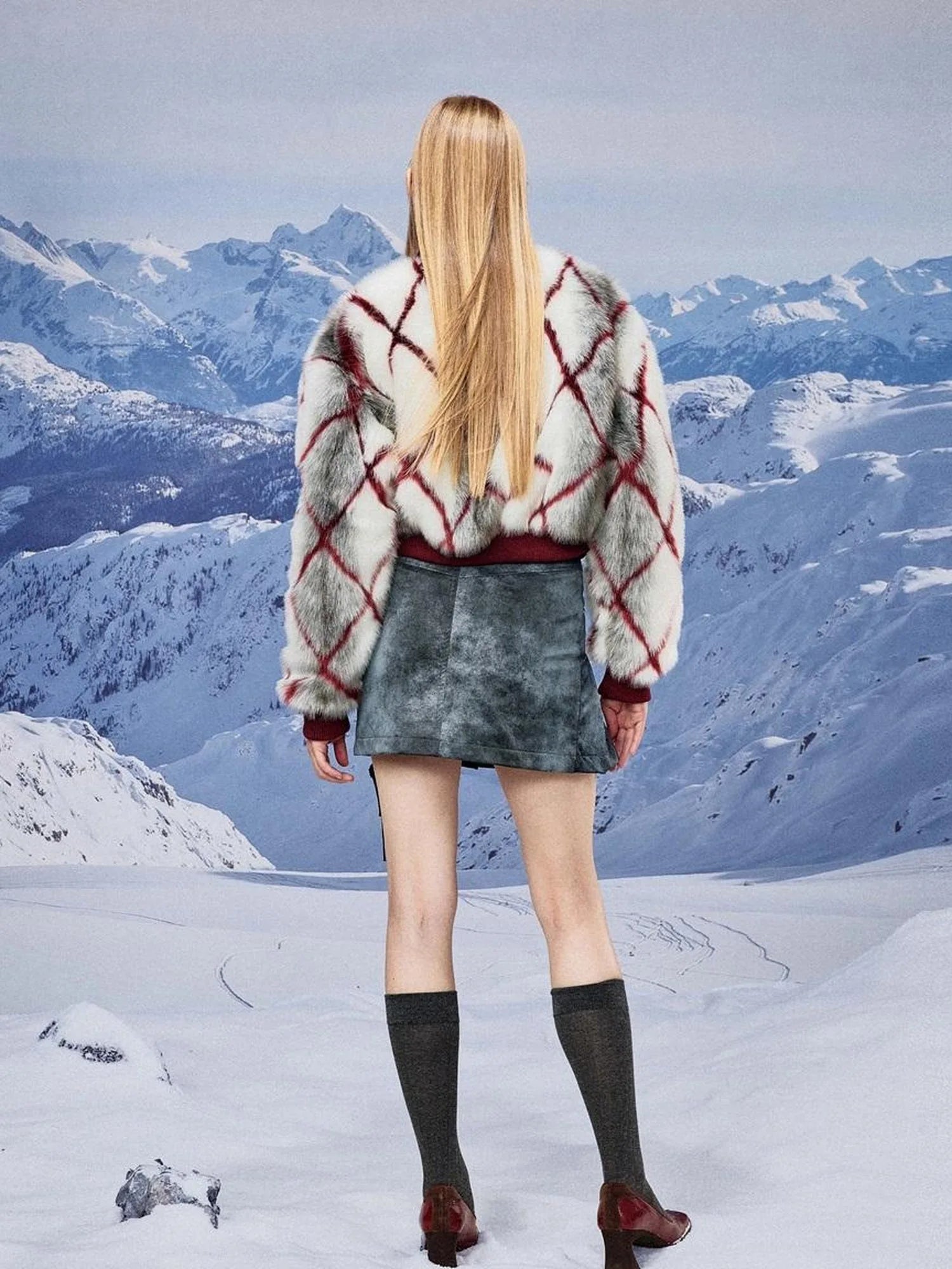 Red Plaid Faux Mink Zip Up Cropped Jacket