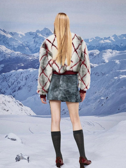 Red Plaid Faux Mink Zip Up Cropped Jacket