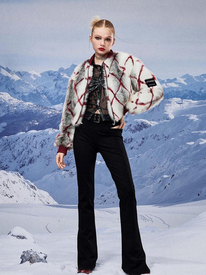 JYOSEI Red Plaid Faux Mink Zip Up Cropped Jacket