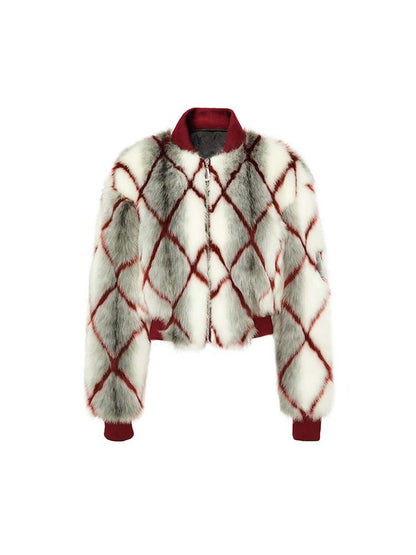 JYOSEI Red Plaid Faux Mink Zip Up Cropped Jacket