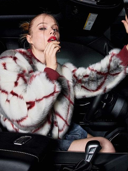 JYOSEI Red Plaid Faux Mink Zip Up Cropped Jacket