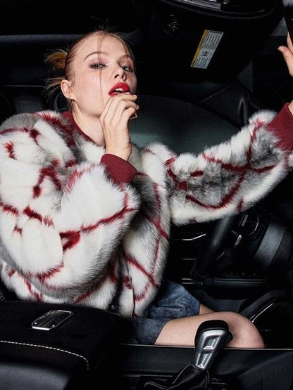 Red Plaid Faux Mink Zip Up Cropped Jacket