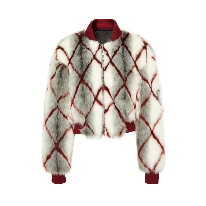 JYOSEI_Red_Plaid_Faux_Mink_Zip_Up_Cropped_Jacket_MISSTT
