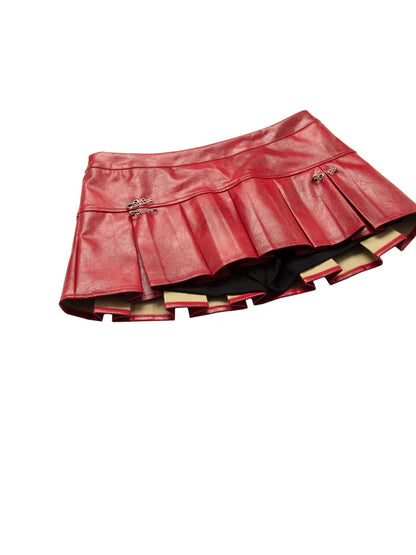 JYOSEI Red White Two Tone Pleated Mid Rise Side Zipper Women&