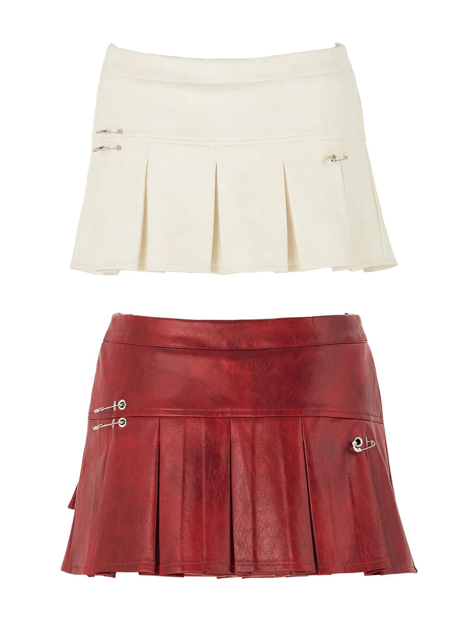 JYOSEI Red White Two Tone Pleated Mid Rise Side Zipper Women&
