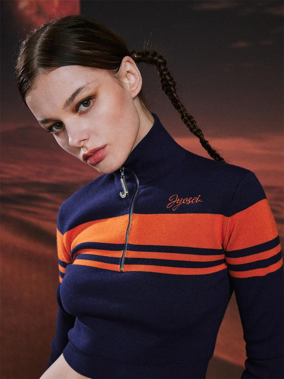 JYOSEI Retro Bella High Neck Cropped Sweater Orange Blue