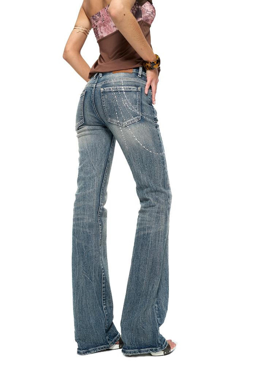 JYOSEI Retro Washed Blue Stretch Flared Denim Jeans For Women