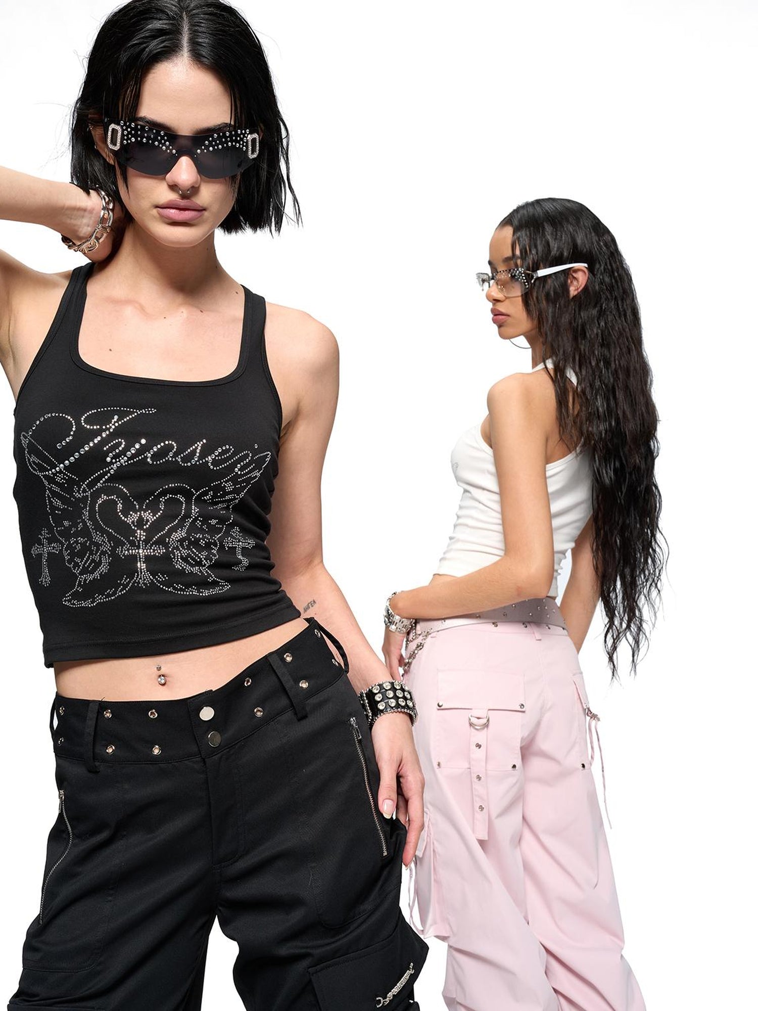 JYOSEI Rhinestone Camisole Summer Slim Vest V Neck T Shirt Long Sleeve