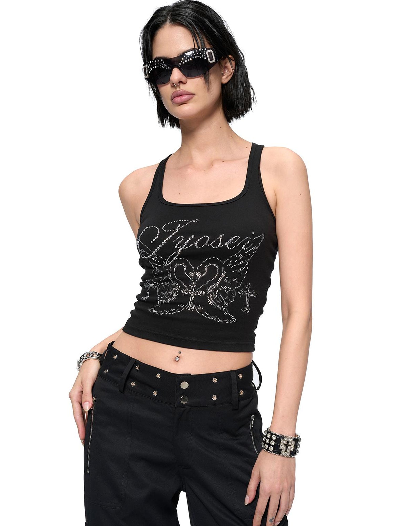 JYOSEI Rhinestone Camisole Summer Slim Vest V Neck T Shirt Long Sleeve