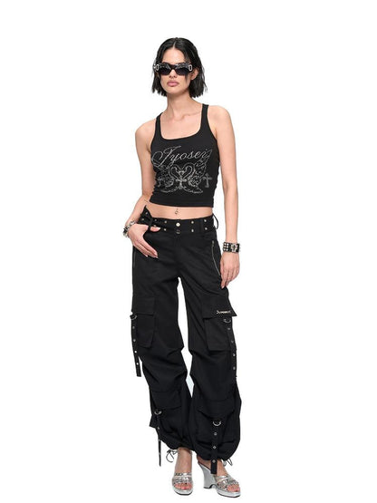 JYOSEI Rhinestone Camisole Summer Slim Vest V Neck T Shirt Long Sleeve
