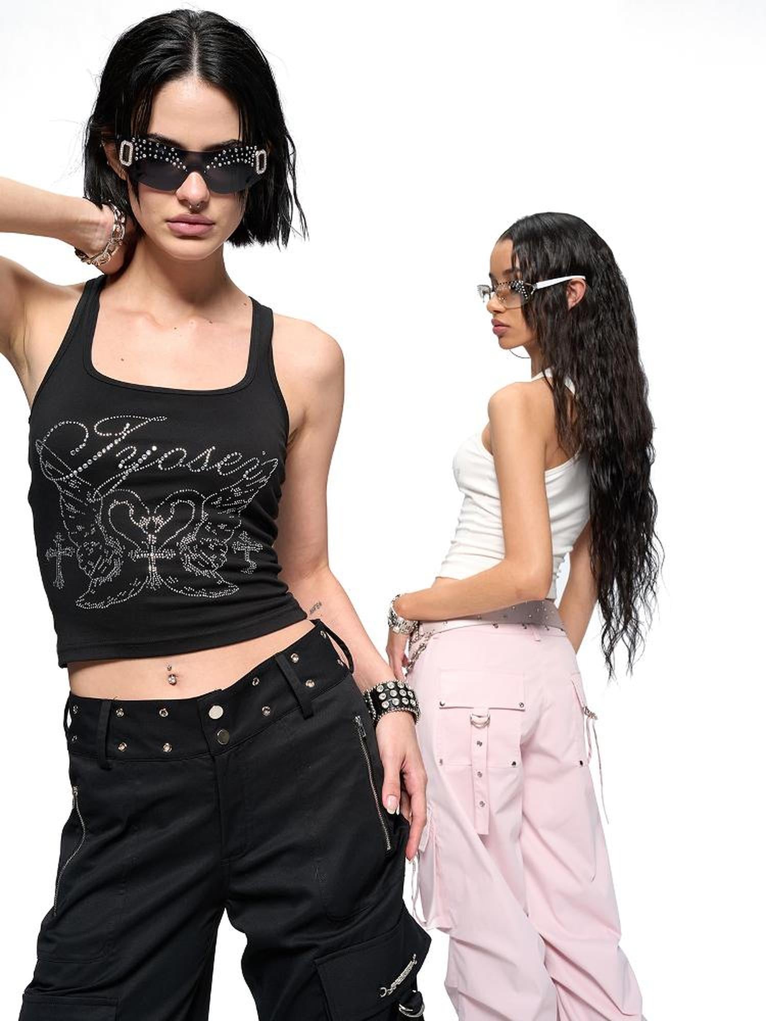 JYOSEI Rhinestone Camisole Summer Slim Vest V Neck T Shirt Long Sleeve