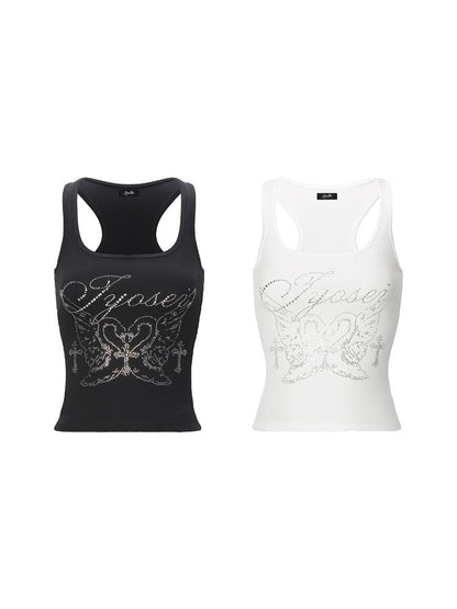 JYOSEI Rhinestone Camisole Summer Slim Vest V Neck T Shirt Long Sleeve
