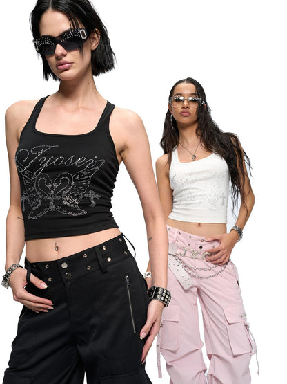 JYOSEI Rhinestone Camisole Summer Slim Vest V Neck T Shirt Long Sleeve