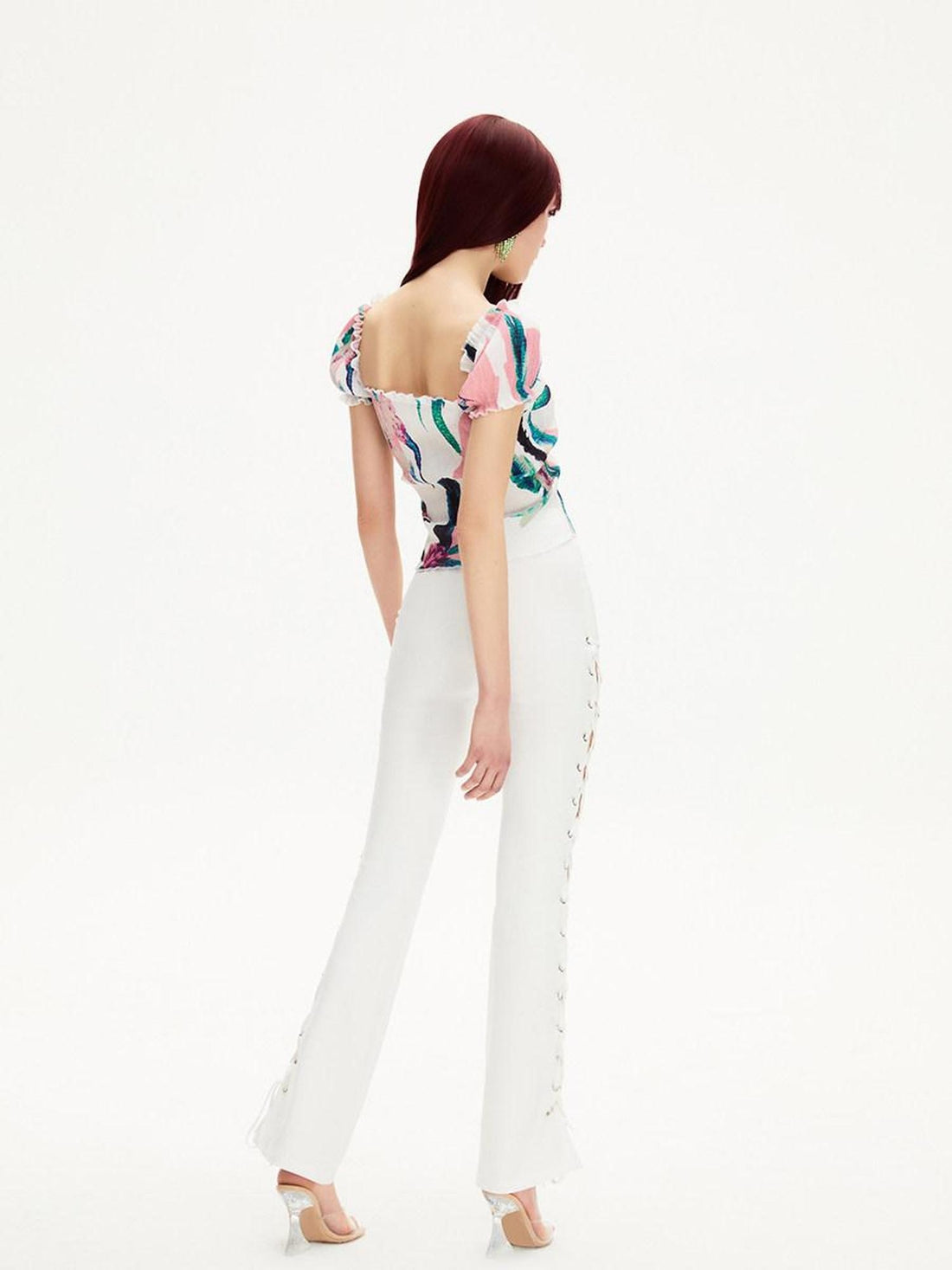 JYOSEI Ruched Floral Crop Square Neck Puff Sleeve Slim Fit Street Women T-Shirt