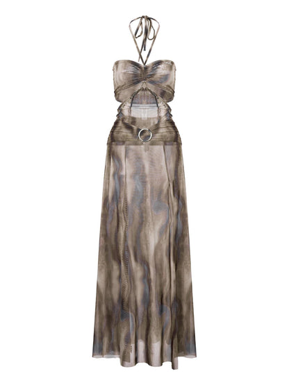 JYOSEI Semi Sheer Print Cutout Open Back High Waist Women&