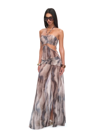 JYOSEI Semi Sheer Print Cutout Open Back High Waist Women&
