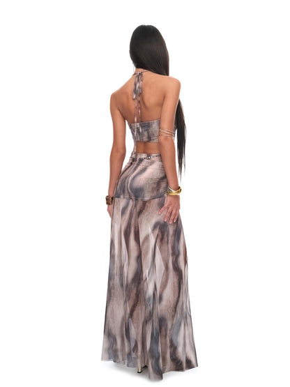 JYOSEI Semi Sheer Print Cutout Open Back High Waist Women&