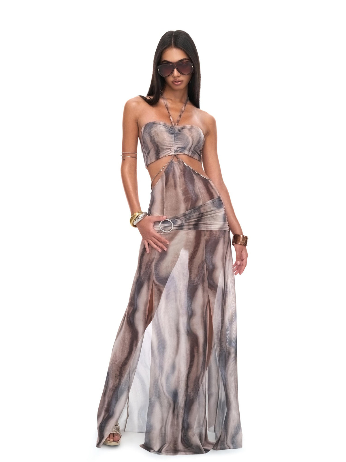 JYOSEI Semi Sheer Print Cutout Open Back High Waist Women&