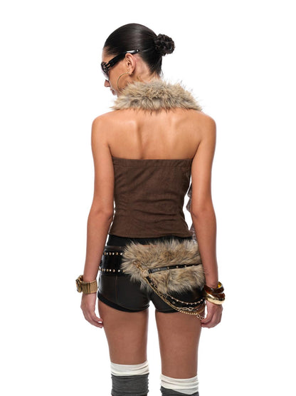 JYOSEI Sexy Faux Leather Halter Slim Fit Backless Zipper Brown Citywalk Tank Tops