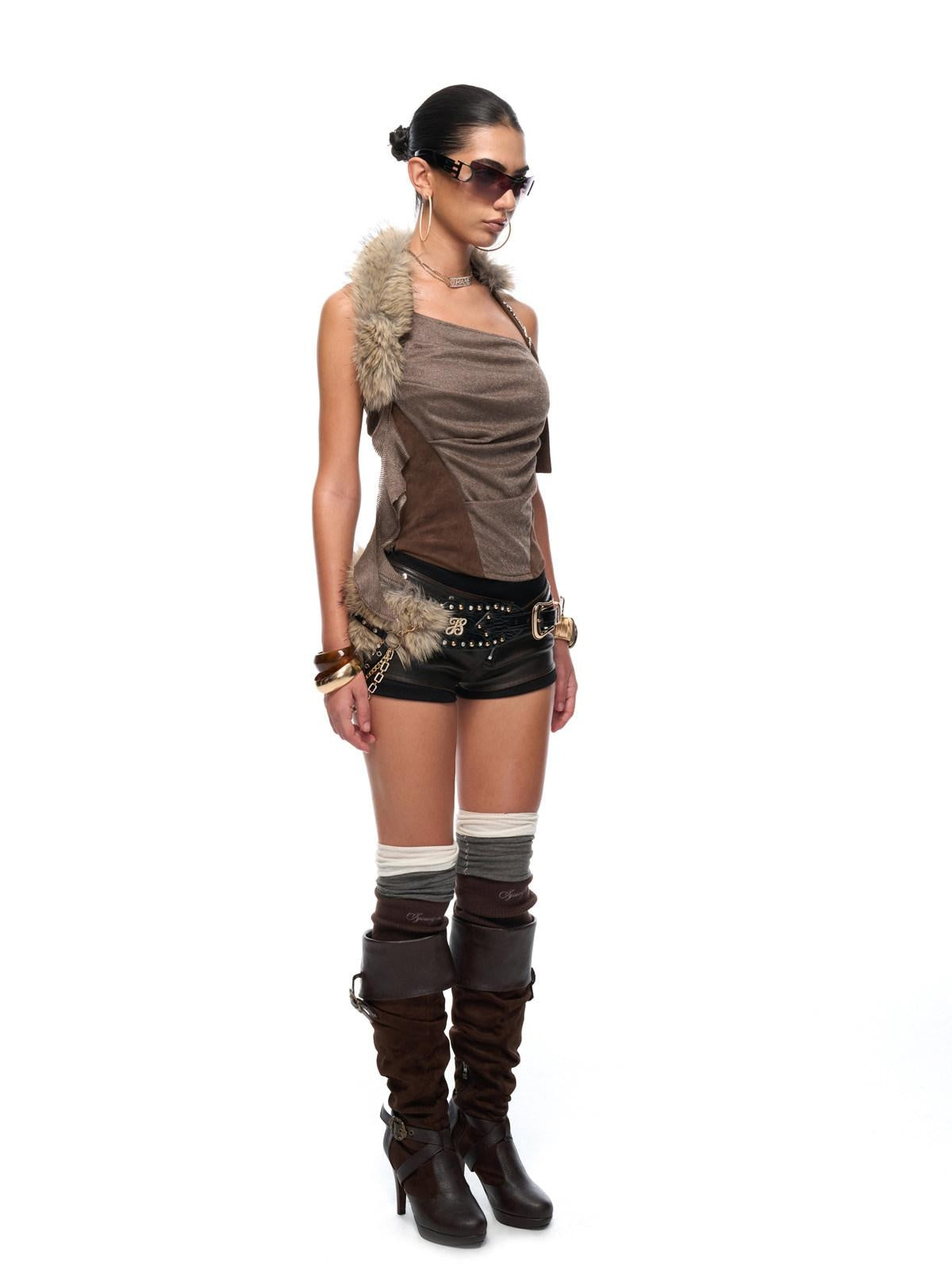 JYOSEI Sexy Faux Leather Halter Slim Fit Backless Zipper Brown Citywalk Tank Tops
