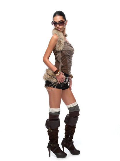 JYOSEI Sexy Faux Leather Halter Slim Fit Backless Zipper Brown Citywalk Tank Tops