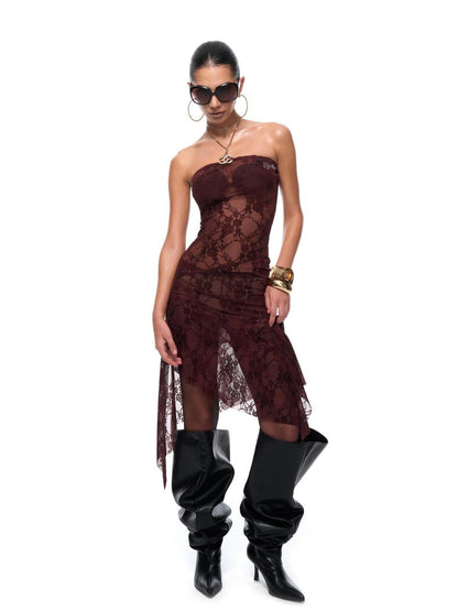 JYOSEI Sexy Lace High Waist A Line Strapless Fit Burgundy Wedding Midi Dresses