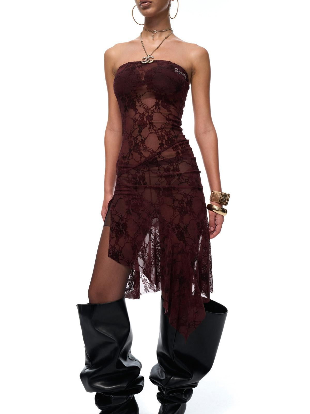 JYOSEI Sexy Lace High Waist A Line Strapless Fit Burgundy Wedding Midi Dresses