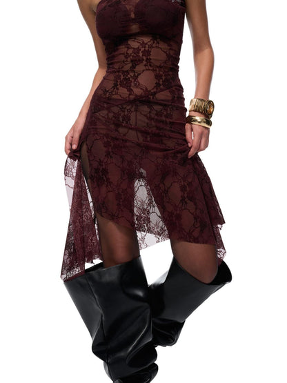 JYOSEI Sexy Lace High Waist A Line Strapless Fit Burgundy Wedding Midi Dresses