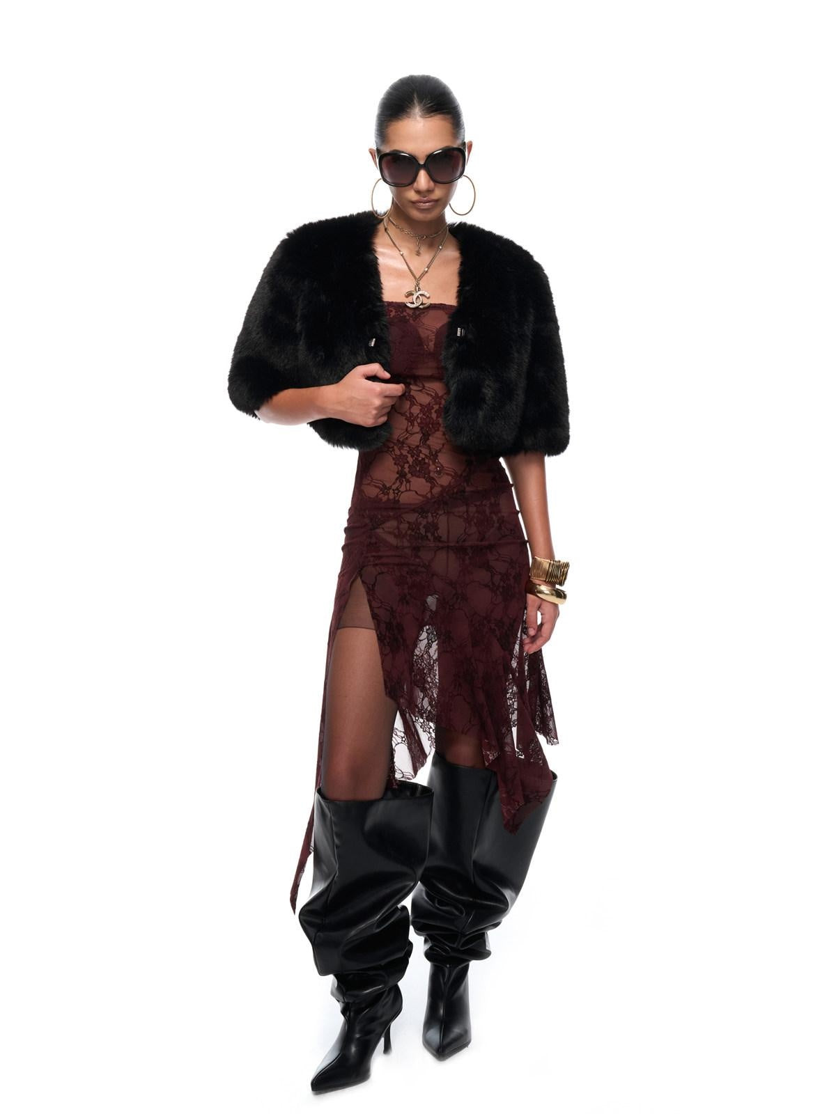 JYOSEI Sexy Lace High Waist A Line Strapless Fit Burgundy Wedding Midi Dresses