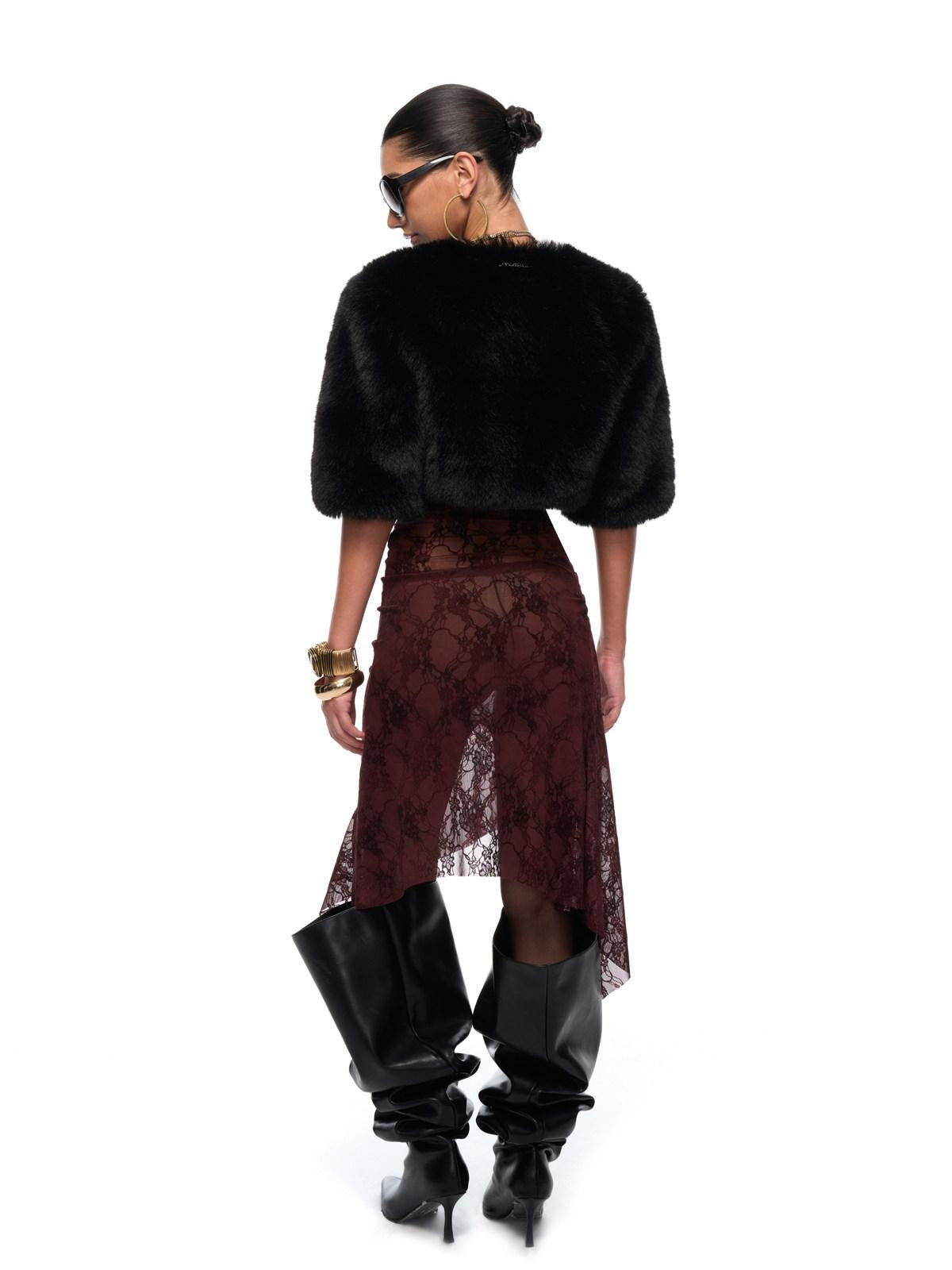 JYOSEI Sexy Lace High Waist A Line Strapless Fit Burgundy Wedding Midi Dresses