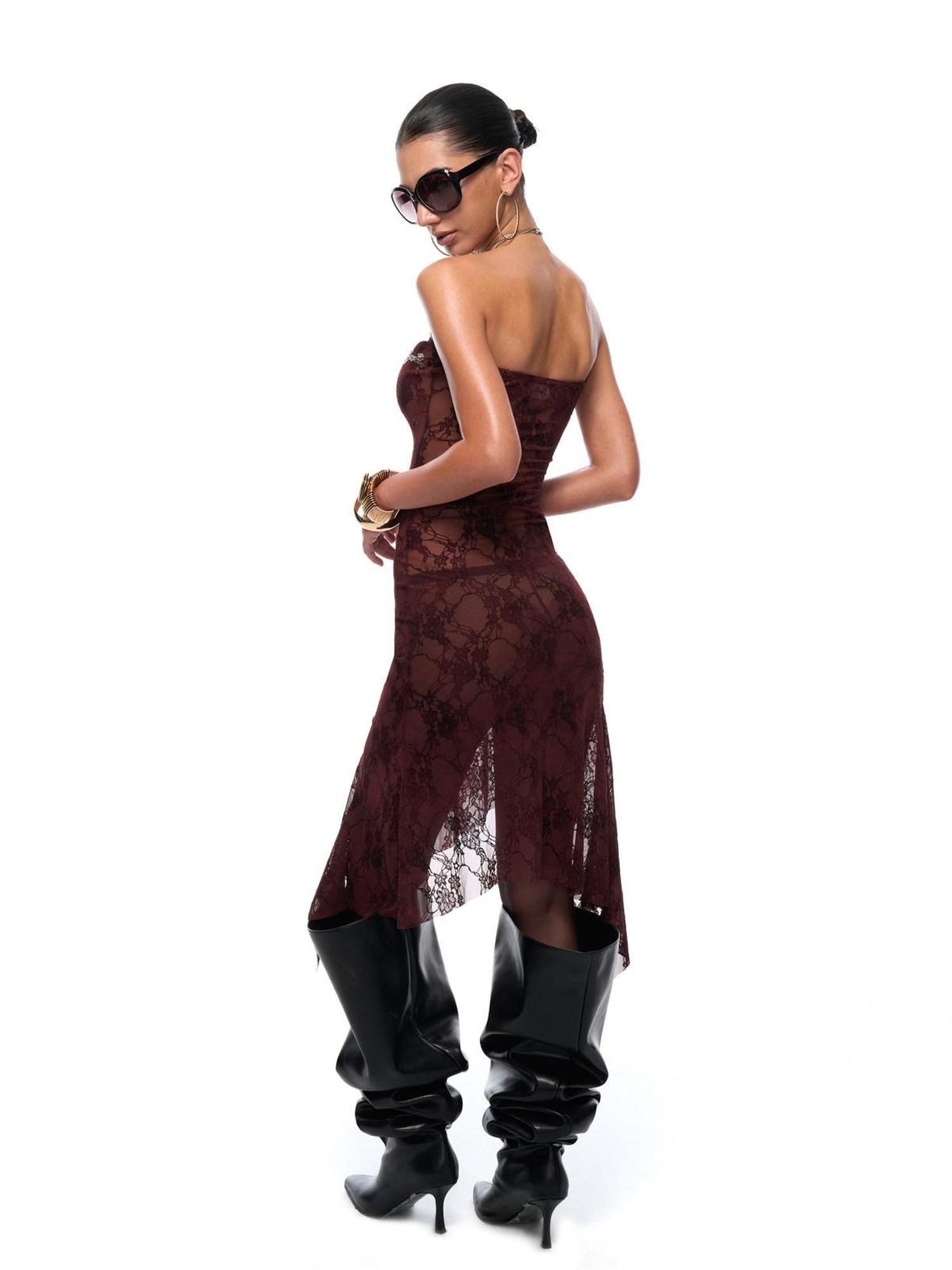 JYOSEI Sexy Lace High Waist A Line Strapless Fit Burgundy Wedding Midi Dresses