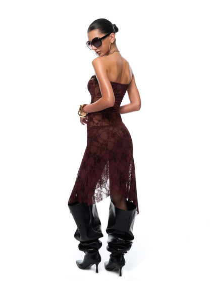 JYOSEI Sexy Lace High Waist A Line Strapless Fit Burgundy Wedding Midi Dresses