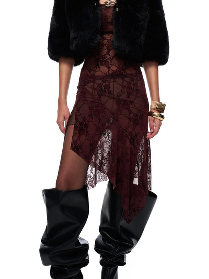 JYOSEI Sexy Lace High Waist A Line Strapless Fit Burgundy Wedding Midi Dresses