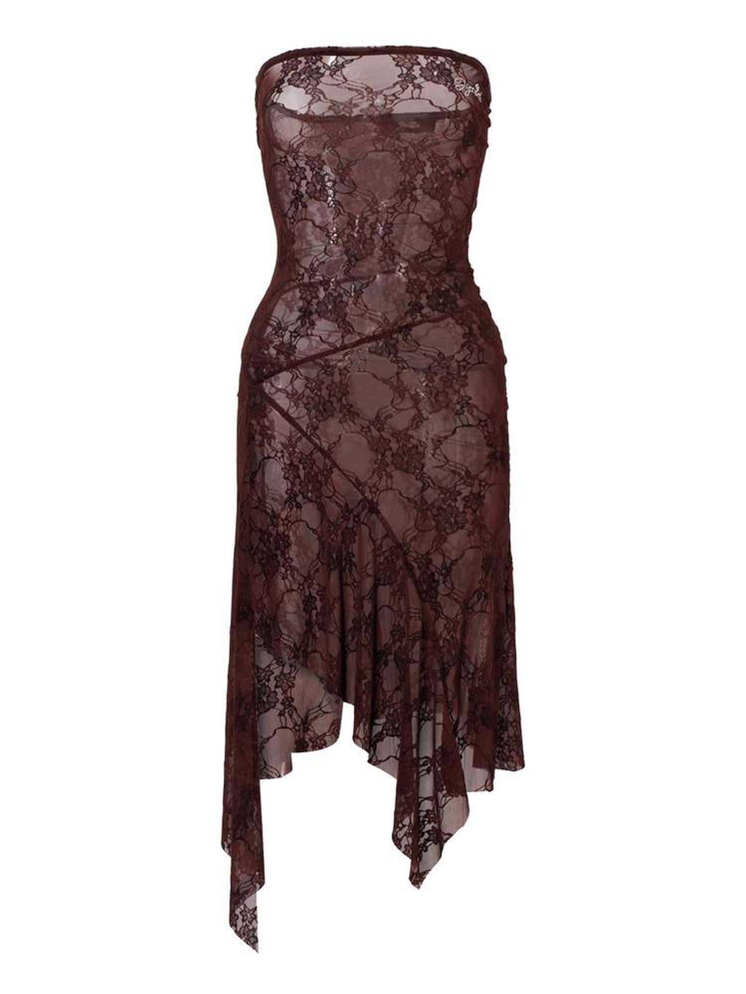 JYOSEI Sexy Lace High Waist A Line Strapless Fit Burgundy Wedding Midi Dresses