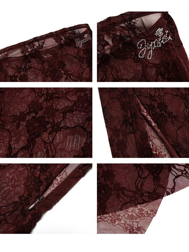 JYOSEI Sexy Lace High Waist A Line Strapless Fit Burgundy Wedding Midi Dresses