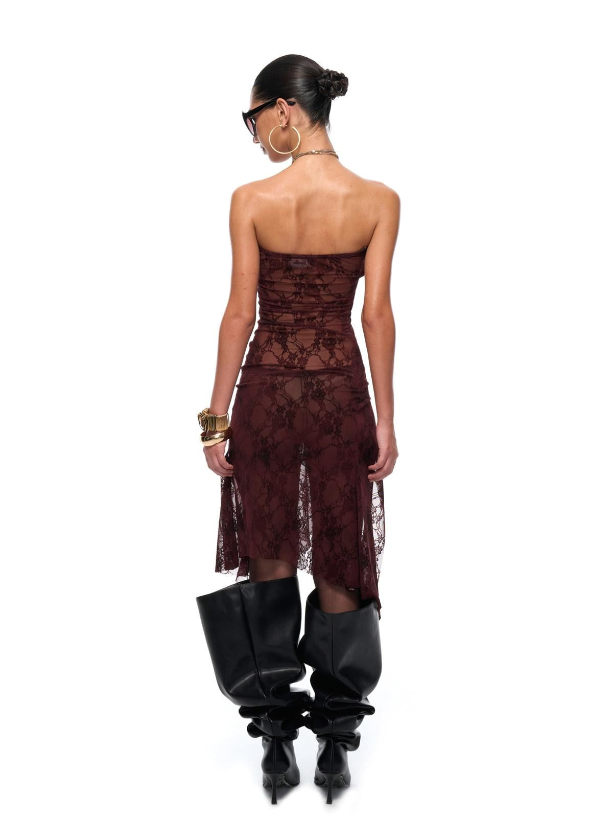 JYOSEI Sexy Lace High Waist A Line Strapless Fit Burgundy Wedding Midi Dresses