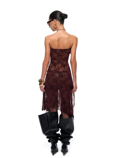 JYOSEI Sexy Lace High Waist A Line Strapless Fit Burgundy Wedding Midi Dresses