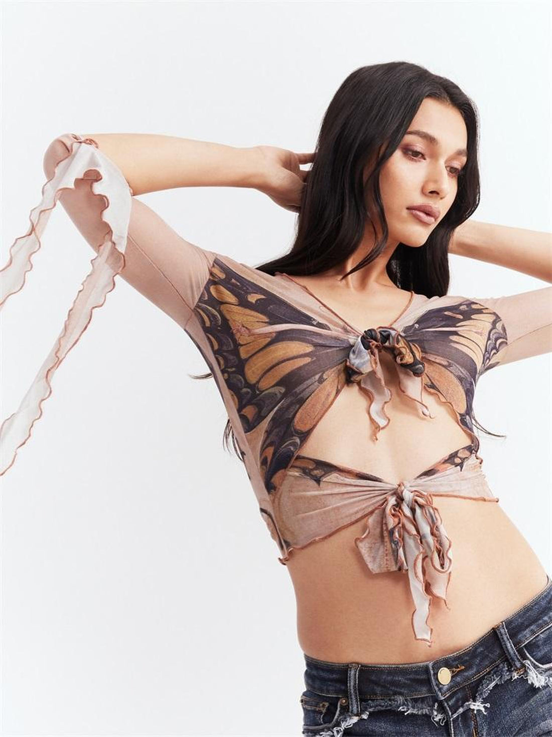 JYOSEI Sexy Sheer Mesh Shirt with Butterfly Print and Adjustable Ties