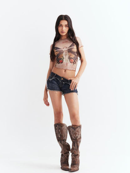 JYOSEI Sheer Mesh Short Sleeve Top With Lace Trim And Vintage Print