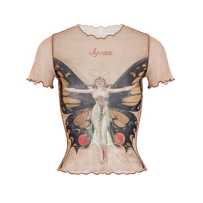 JYOSEI_Sheer_Mesh_Short_Sleeve_Top_With_Lace_Trim_And_Vintage_Print_MISSTT